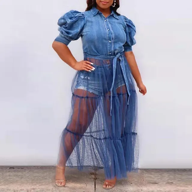 Plus Size Women's Dress Cardigan Denim Stitching Blue - Shop at LoveMi
