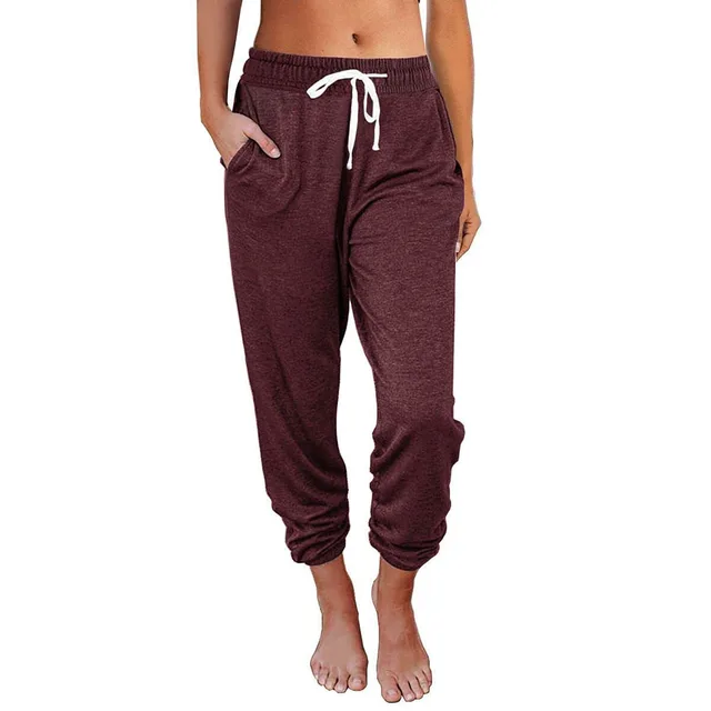 Women's Casual Loose Pocket High Waist Cropped Knee Pants Wine Red - Shop at LoveMi