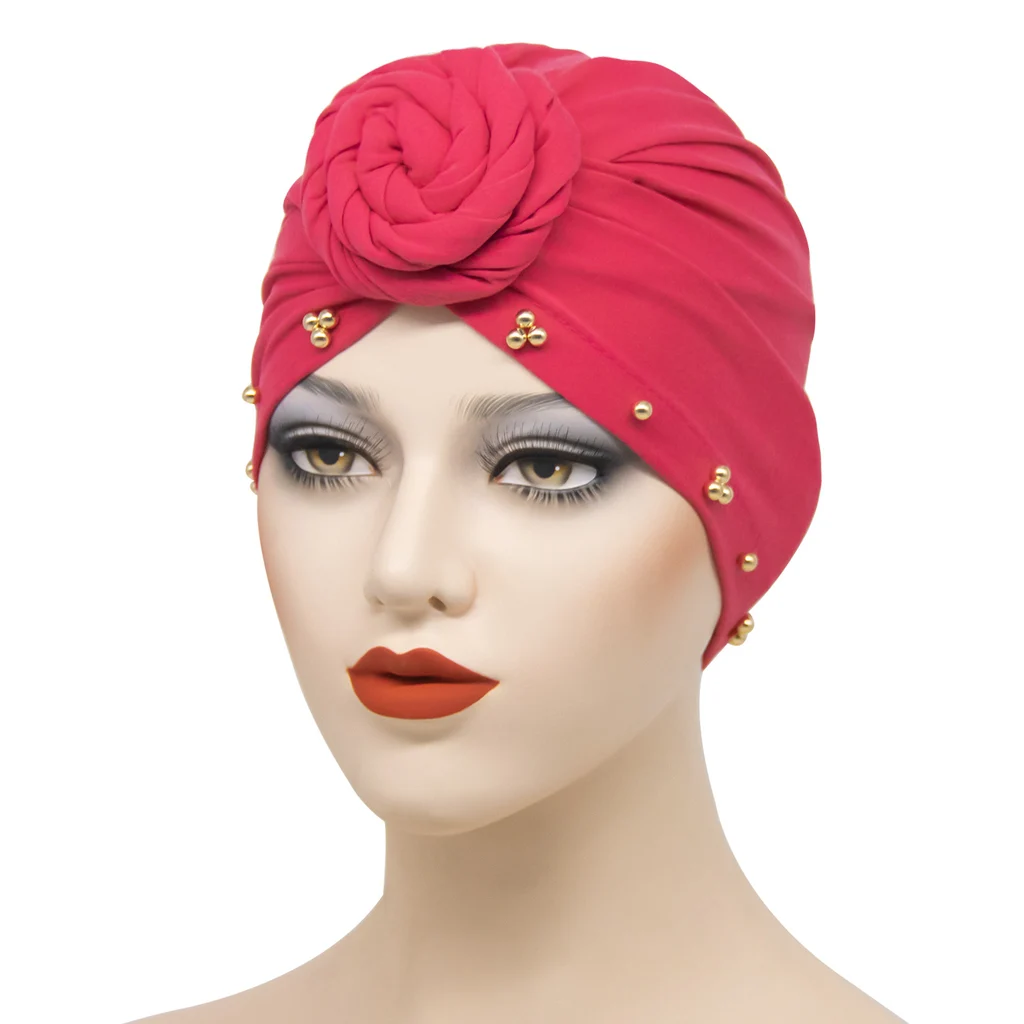 Women's Beaded Plate Flower Base Hat Bandana - Rose Red