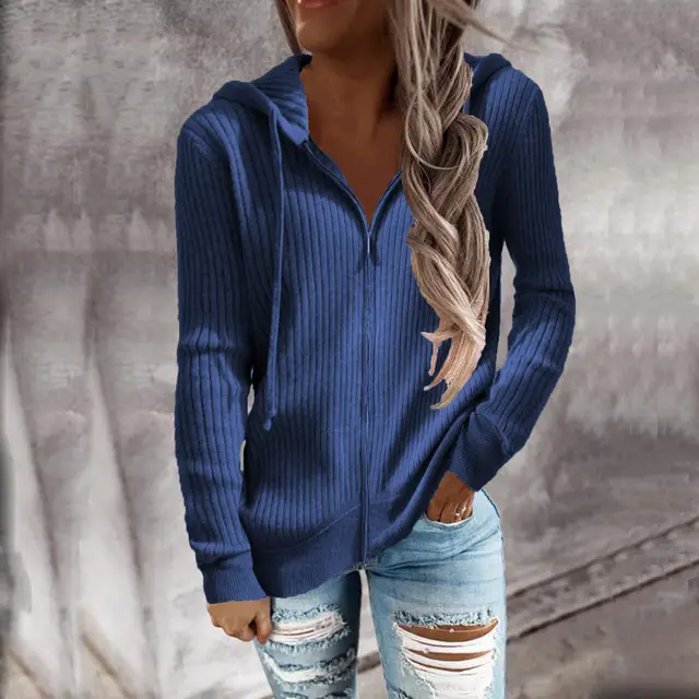 Women's Sweatshirt Loose Zip Long Sleeve Hooded Jacket Blue - Shop at LoveMi