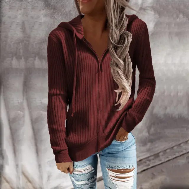 Women's Sweatshirt Loose Zip Long Sleeve Hooded Jacket Wine Red - Shop at LoveMi