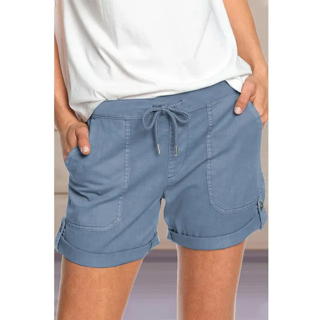 Summer New Solid Color Straight Casual Lace up Shorts Blue - Shop at LoveMi