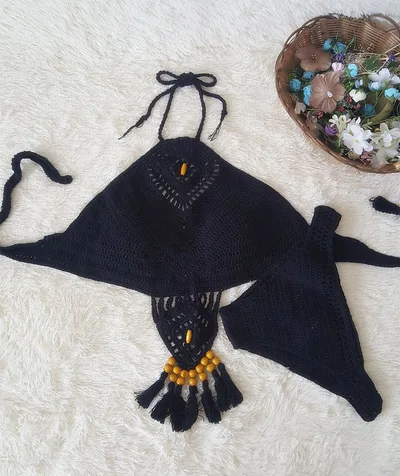 European And American New Women's Swimsuit Suit Beach Sunshine Bath Foreign Trade Handmade Crochet Tassel Split Bikini Black - Shop at LoveMi