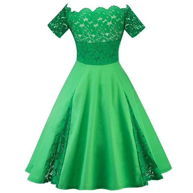 Evening Dress One Word Neck Lace Stitching Retro Skirt Large Size Dress Green - Shop at LoveMi