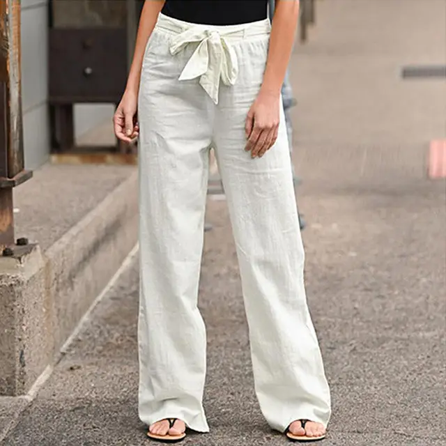 Elastic Waist Solid Color Cotton And Linen Belt Wide Leg Loose Trousers White - Shop at LoveMi