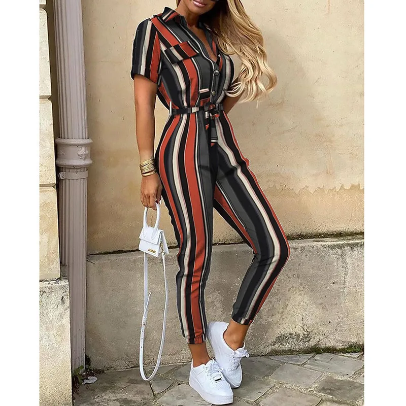 Casual Lapel Button Print Belt Cargo Jumpsuit - Grey