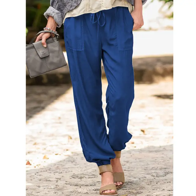 Lace Up Trousers Solid Color Stretch Knee Pocket Casual Pants Blue - Shop at LoveMi