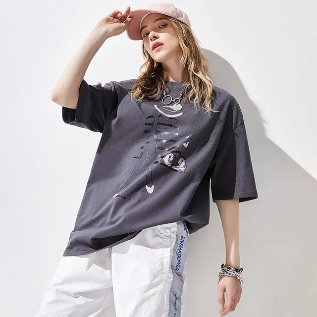 Short Sleeve Character Print Loose Fit Cotton Grey - Shop at LoveMi
