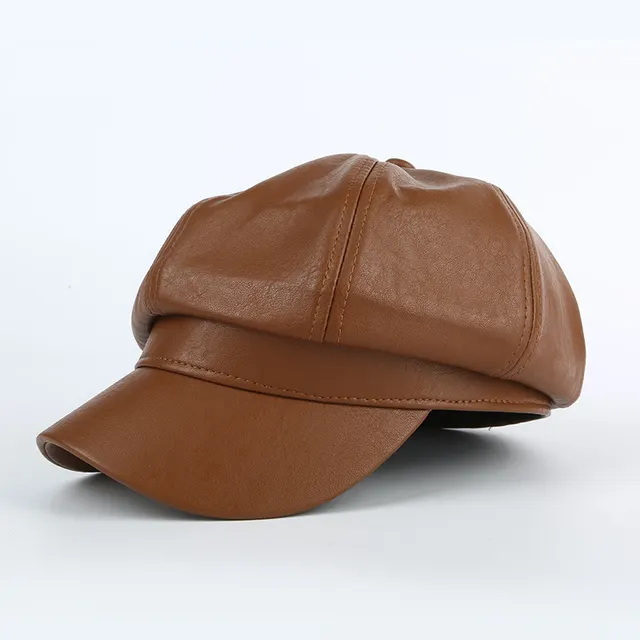 Korean Style Octagon Fashion Ladies Hat Leather Beret Coffee - Shop at LoveMi