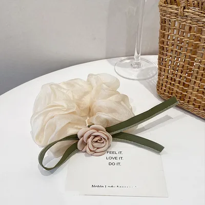 New Ribbon Camellia Large Intestine Hair Ring Temperament Rope Pink - Shop at LoveMi