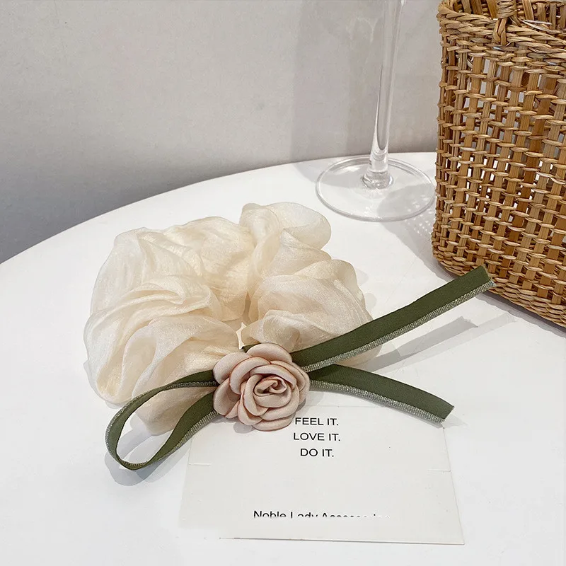 New Ribbon Camellia Large Intestine Hair Ring Temperament Rope Pink - Shop at LoveMi
