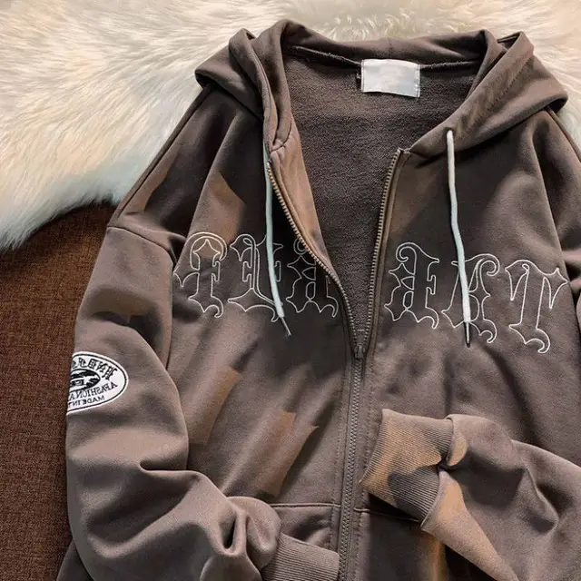 Letter Hooded Sweater Cardigan Loose Couple Jacket Brown - Shop at LoveMi