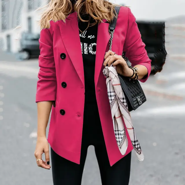 European And American Long sleeved Double breasted Button Blazer Rose Red - Shop at LoveMi