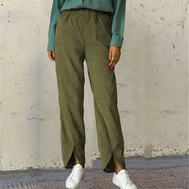 Women's Thick Corduroy Elastic Waist Straight Trousers Army Green - Shop at LoveMi