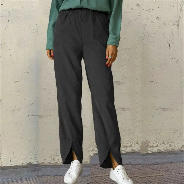 Women's Thick Corduroy Elastic Waist Straight Trousers Black - Shop at LoveMi