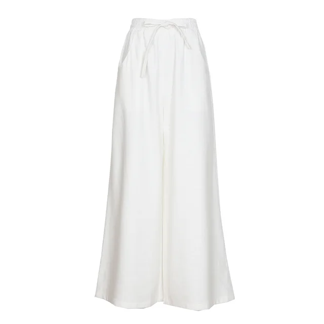 Literary Women's High end Linen Casual Wide leg Pants With Elastic Waist White - Shop at LoveMi
