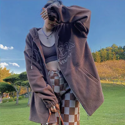 American Retro Fleece Hooded Cardigan Autumn Coffee - Shop at LoveMi