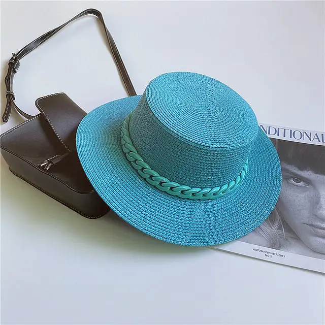 Straw Japanese Beach Sun Hat With Flat Top Blue - Shop at LoveMi