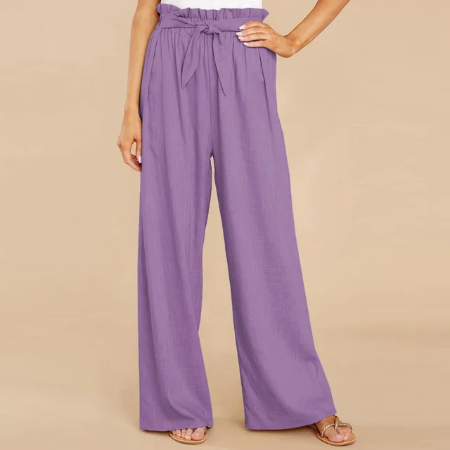 European And American Large Size Loose Cotton And Linen Casual Trousers Purple - Shop at LoveMi