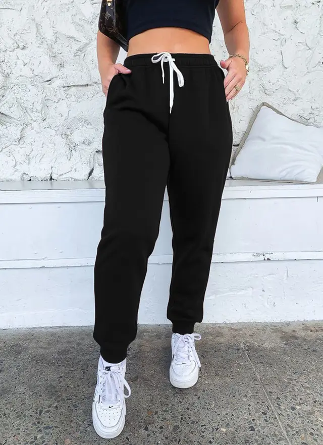 Women's Solid Color Lace Up Sports Pants Home Casual Sweater Pants Black Thin Section - Shop at LoveMi