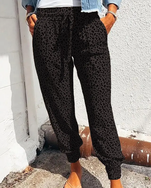 Women's Tie In Loose Leopard Print Lace Up Lounge Pants Black - Shop at LoveMi