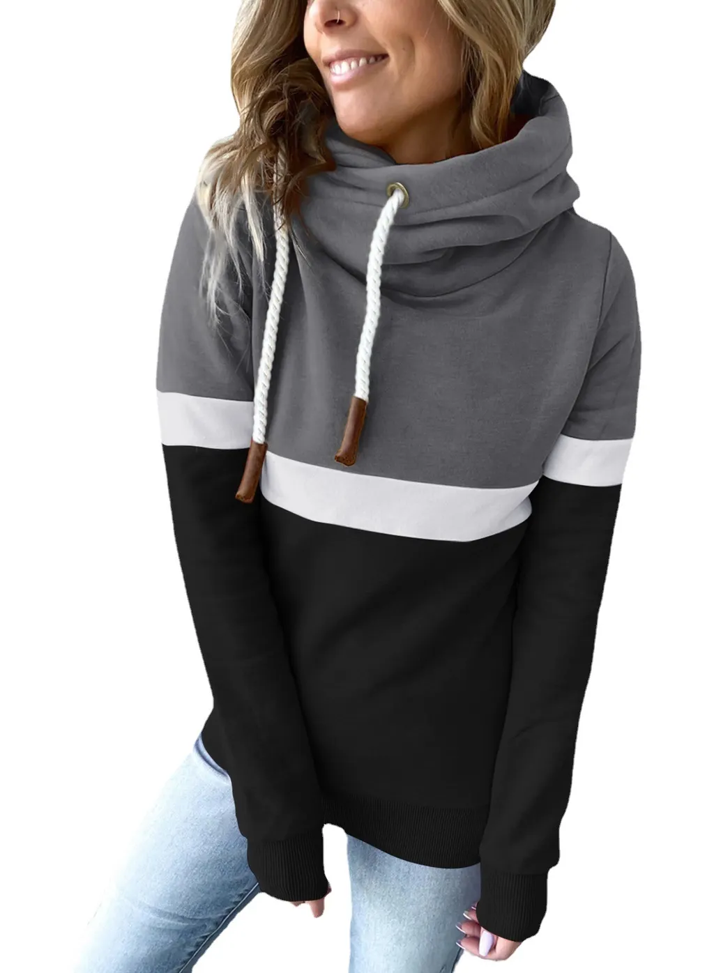 Women's Contrast Color Splicing Casual Long Sleeve European And American Hoodie - Dark Grey Black