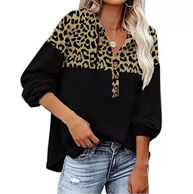 Women's Leopard Loose Casual Long Sleeve Hooded Sweatshirt Black - Shop at LoveMi