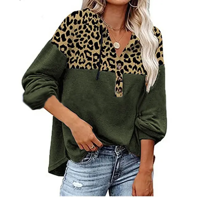 Women's Leopard Loose Casual Long Sleeve Hooded Sweatshirt Green - Shop at LoveMi
