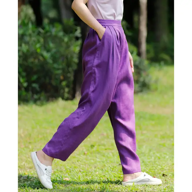 Linen Wide Leg Pants New Multi color Mid waist Slim Women Purple - Shop at LoveMi