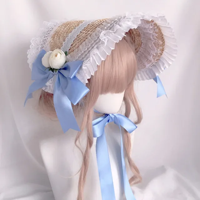 Lolita Handmade Pastoral Style Lolita Straw Hat Women Light Blue - Shop at LoveMi