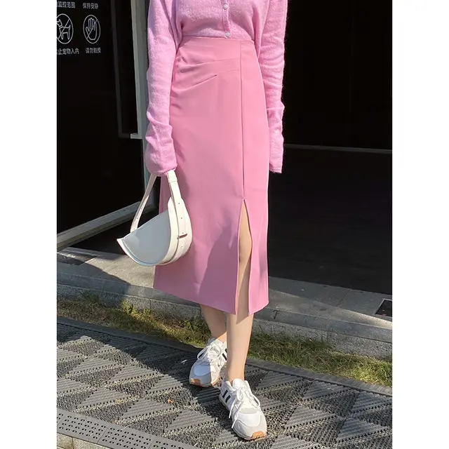 Women's Solid Color Versatile Mid Length Slit Skirt Pink - Shop at LoveMi