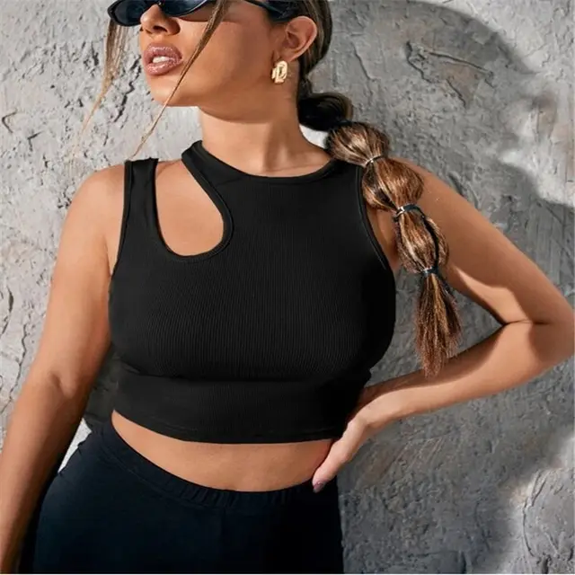 Open back Halterneck Round Neck Solid Color Cotton Panel Vest Black - Shop at LoveMi