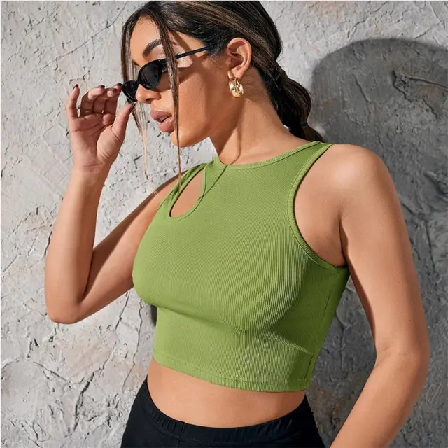 Open back Halterneck Round Neck Solid Color Cotton Panel Vest Green - Shop at LoveMi