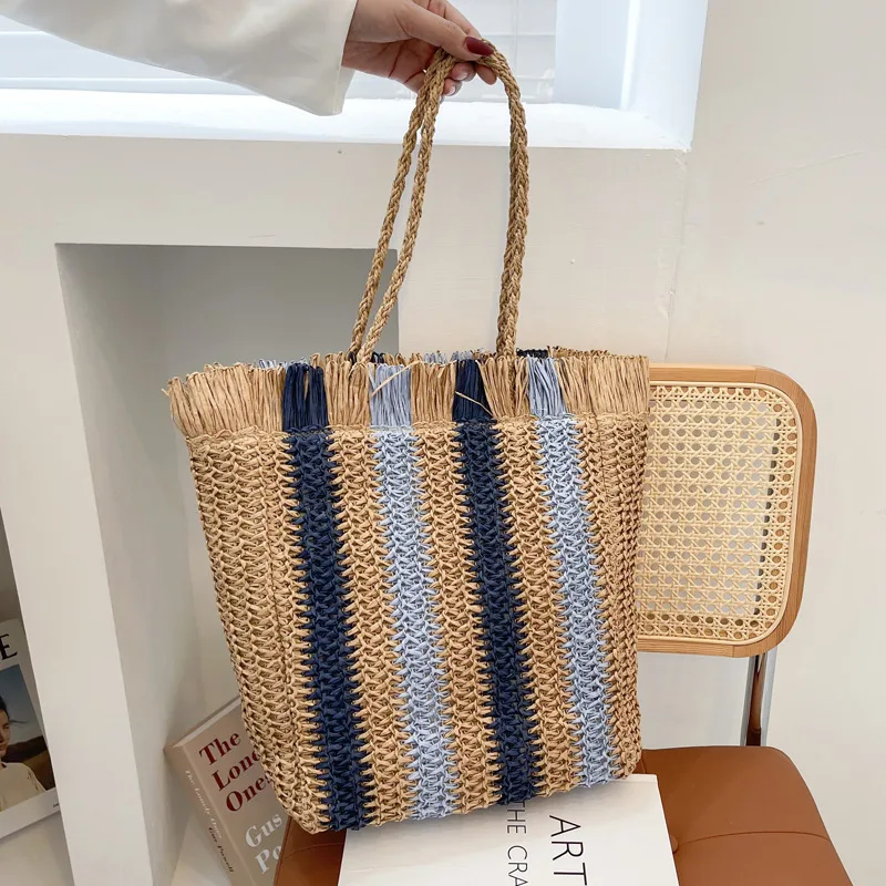 Woven Stripes Simple Beach Style Tote Bag Khaki - Shop at LoveMi
