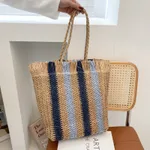 Woven Stripes Simple Beach Style Tote Bag - Khaki