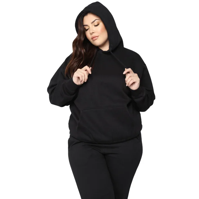 Loose And Casual Solid Color Hooded Long sleeved Sweater Suit Plus Size Black - Shop at LoveMi