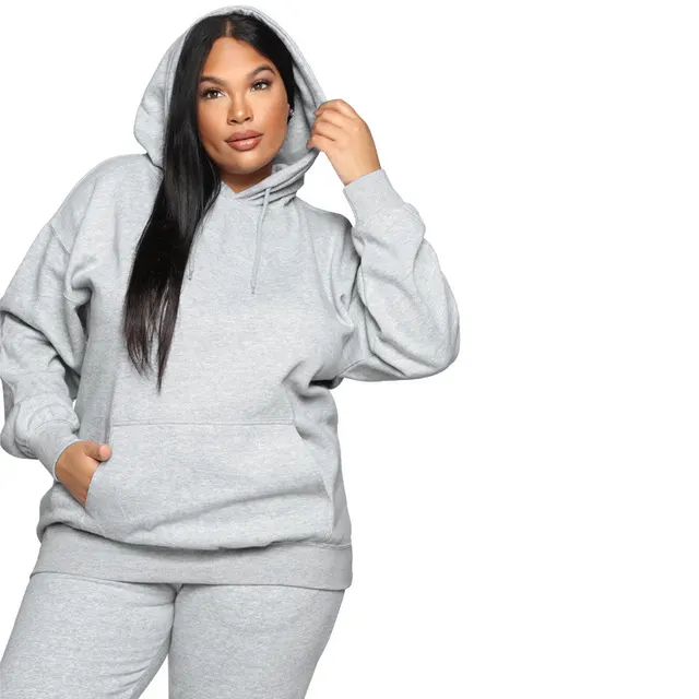 Loose And Casual Solid Color Hooded Long sleeved Sweater Suit Plus Size Grey - Shop at LoveMi