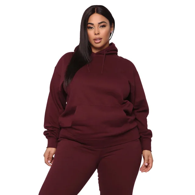 Loose And Casual Solid Color Hooded Long sleeved Sweater Suit Plus Size Wine Red - Shop at LoveMi