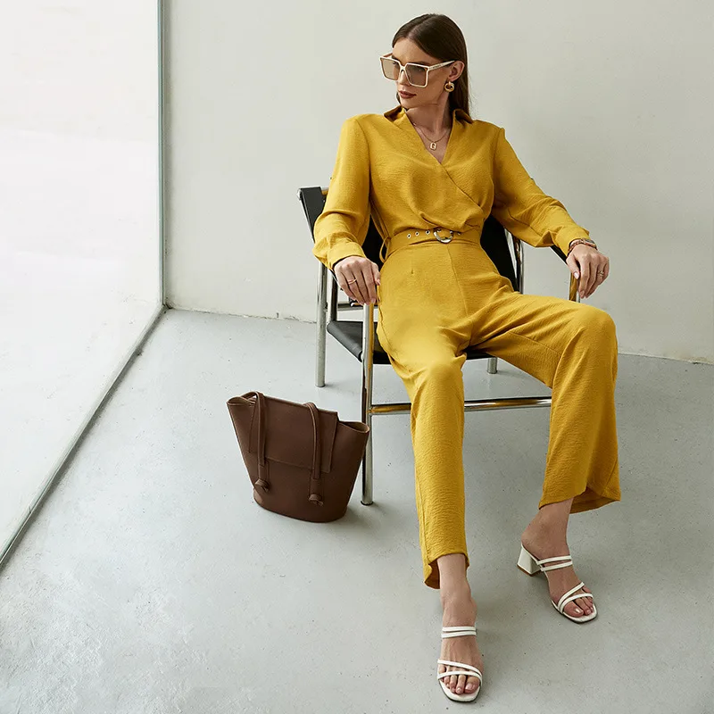 Temperament Longsleeved Commuter Longsleeved Drawstring Loose Vneck Solid Color Stitching Body Pants Yellow - Shop at LoveMi