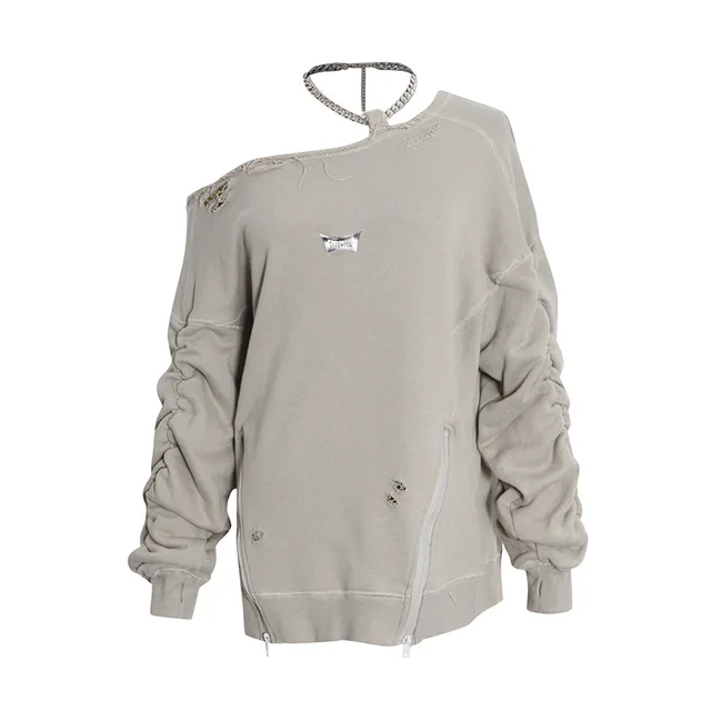 Slanted Shoulder Halter Neck Gray Ripped Small Slit Short Sweater Grey - Shop at LoveMi
