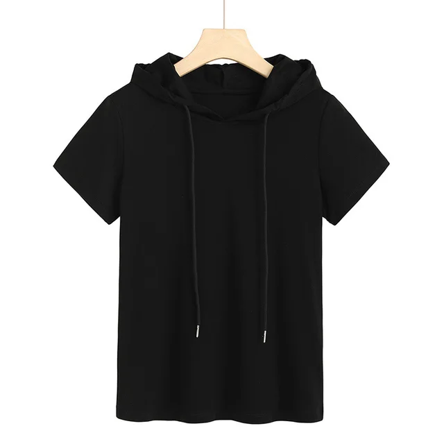 80's Mercerized Cotton Short sleeved Hooded Women's T shirt Black - Shop at LoveMi