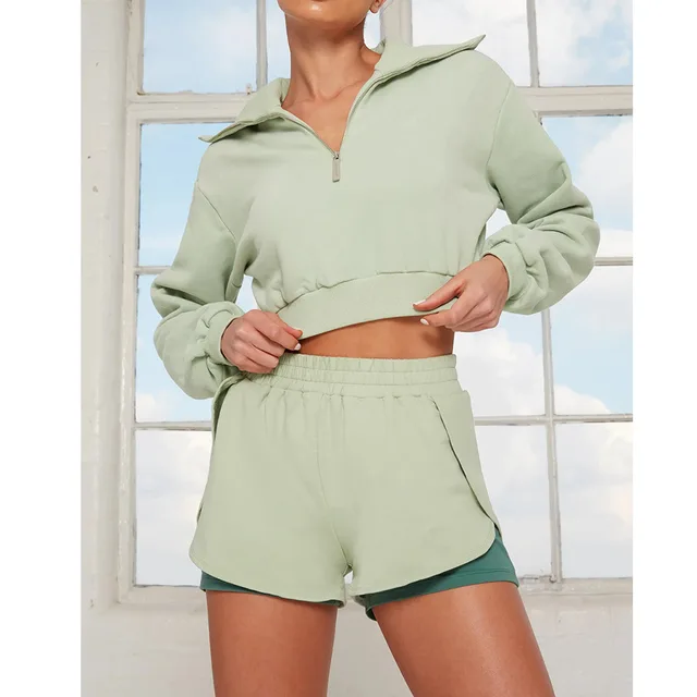 Sweater Solid Color Long sleeved Casual Sports Suit Fake Two piece Shorts Green Top - Shop at LoveMi
