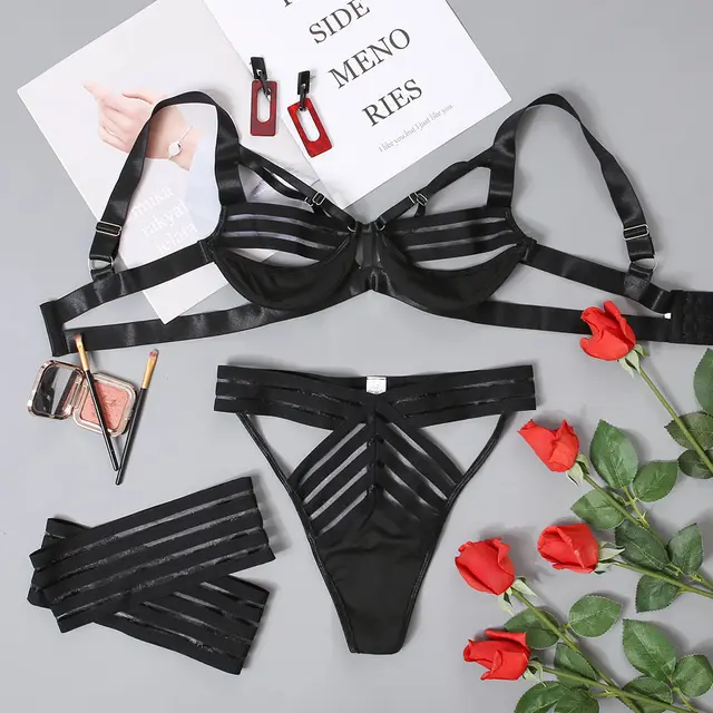 Motorcycle Ribbon With Foot Rings Nightclub Lingerie Set Black - Shop at LoveMi