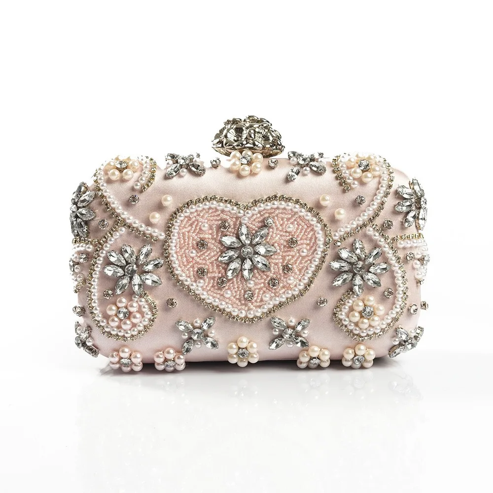 Ladies Fashion Beaded Heart And Diamond Evening Bag Pink - Shop at LoveMi