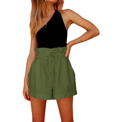 Casual Cotton And Linen Large Bud Loose Drawstring Wide leg Shorts Army Green - Shop at LoveMi