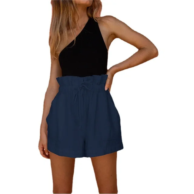 Casual Cotton And Linen Large Bud Loose Drawstring Wide leg Shorts Blue - Shop at LoveMi
