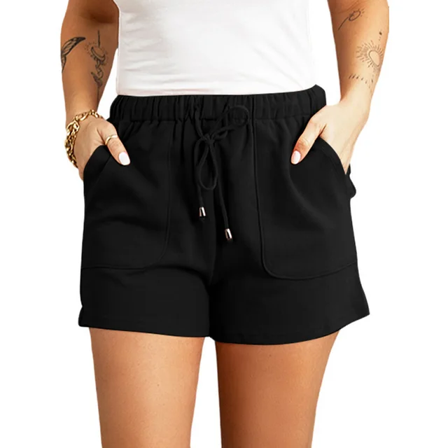 Casual Pants Cross border Solid Color High Waist Drawstring Straight Shorts Black - Shop at LoveMi