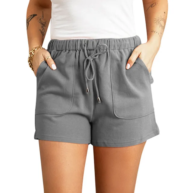 Casual Pants Cross border Solid Color High Waist Drawstring Straight Shorts Grey - Shop at LoveMi