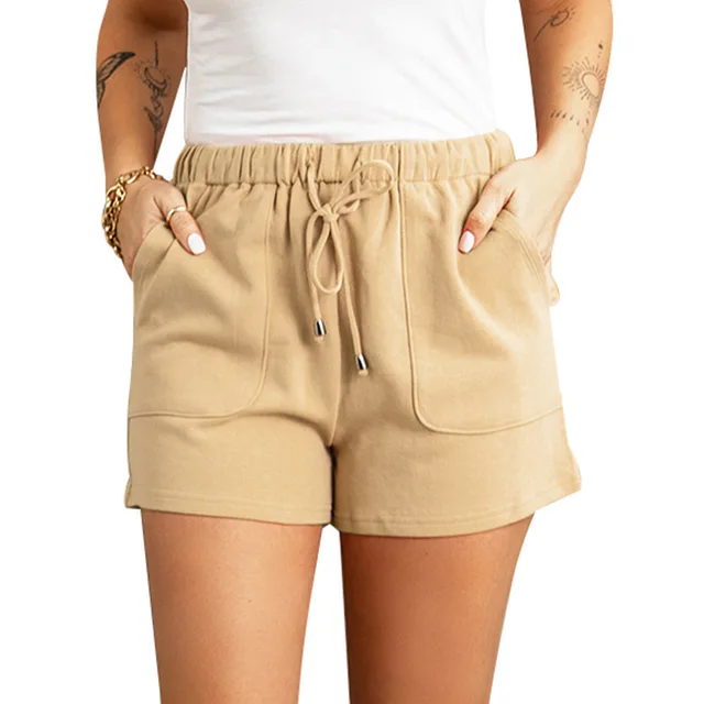 Casual Pants Cross border Solid Color High Waist Drawstring Straight Shorts Khaki - Shop at LoveMi