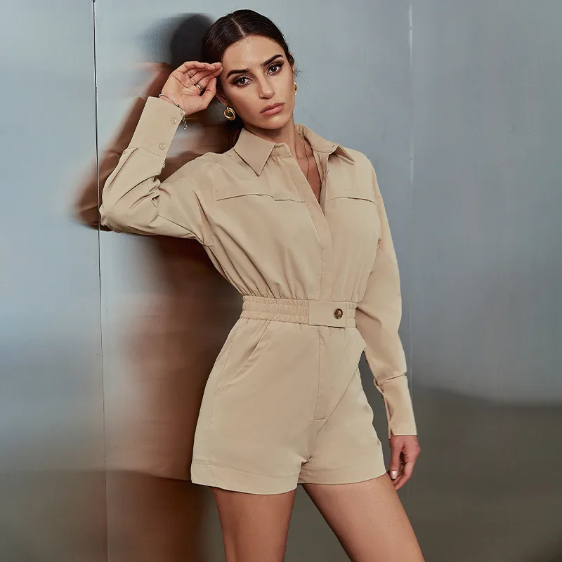 Commuter Slim Solid Cotton Long Sleeve Short Jumpsuit - Khaki